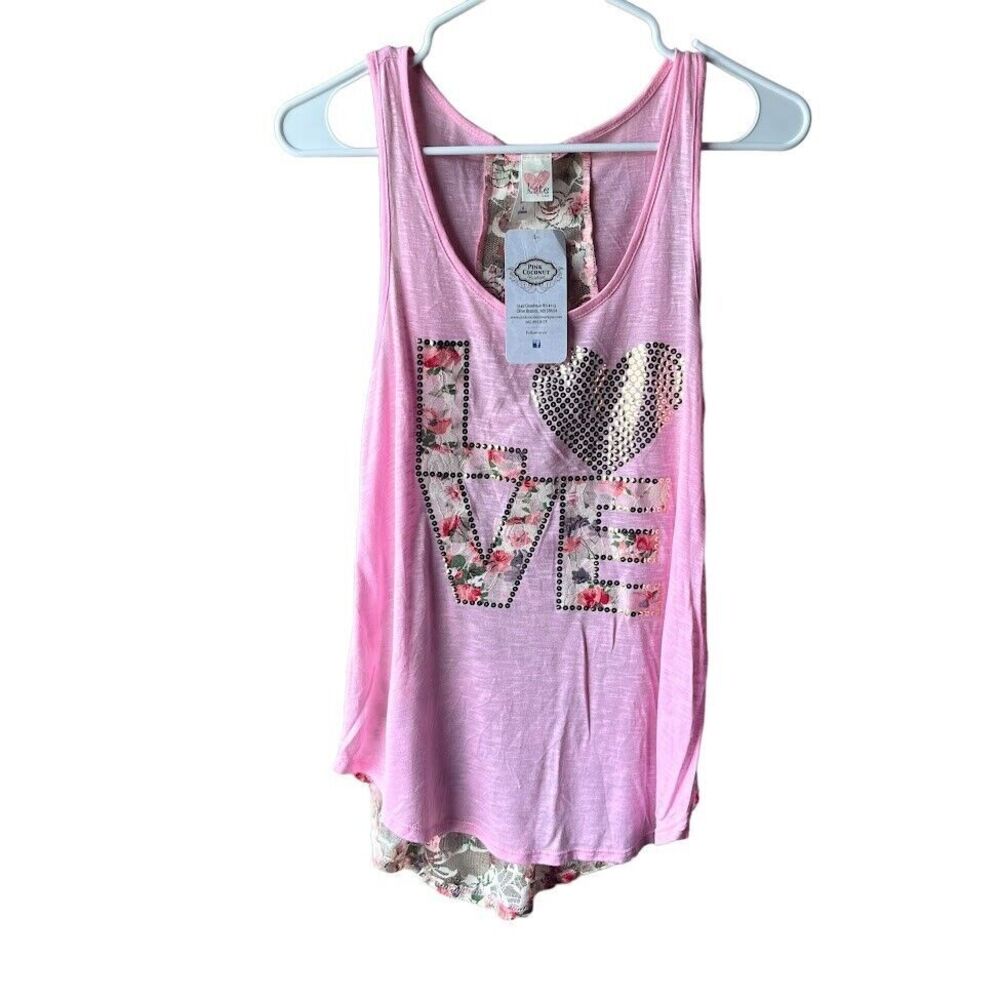 Kate Pink LOVE Floral Print Tank Top Size S Women's Summer Gold Beaded Accent